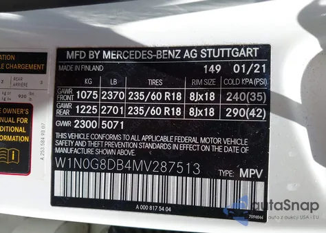 2021 Mercedes-Benz Glc 300 Suv из США, поврежденный, VIN W1N0G8DB4MV287513